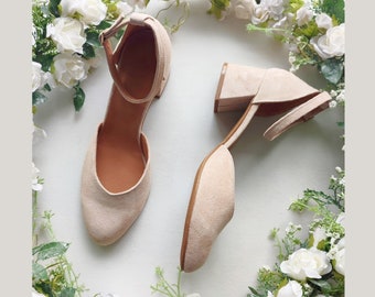 Wedding Ceremony Pumps, Ivory Leather Women Bridal Shoes, Mid Block Heel Shoes With Ankle Strap, Women's Closed Wrap Sandal, Beige Shoes