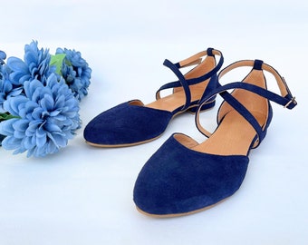 Leather Ballerinas, Navy Blue Cross Front Strap Ankle Closure Flats, Classic Blue Suede Shoes, Pointy Toe Ballets, Stylish Comfort