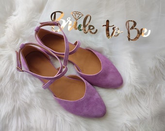Bride To Be Ballet Shoes, Lilac Marriage Flats, Pointy Shoes, Little Heel Cross-Front Closure, Flower Girl Pumps, Violet Ceremony Shoes