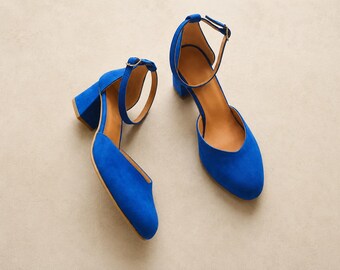 Blue Royal Suede Block Heels, Blue Leather Shoes, Block Heel Pumps, Handmade Suede Pumps, Blue Heels, Pointed Toe Pumps, Something Blue