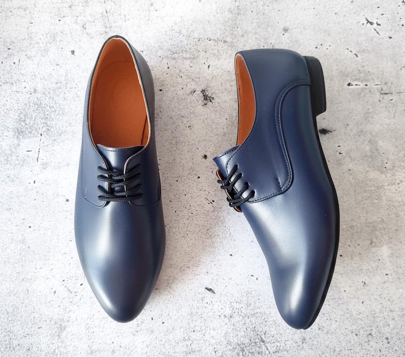 Zapatos de cuero negro, Oxfords clásicos, Oxfords para mujer, Zapatos cómodos, Zapatos con cordones, Zapatos formales negros, Zapatos clásicos Navy Blue