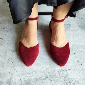 Burgundy Suede Woman Flats, Low Heel Shoes With Ankle Strap, V Cut, Pointed Toe Ballerinas, Closed-toe Sandals, Bordeaux Leather Shoes