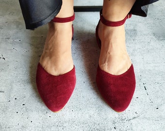 Burgundy Suede Woman Flats, Low Heel Shoes With Ankle Strap, V Cut, Pointed Toe Ballerinas, Closed-toe Sandals, Bordeaux Leather Shoes