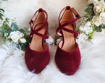 Red Wine Velvet Cross-front Wedding Gown Pumps, Bridal Block Heels, Ankle Wrap Closure, Wedding Party Shoes, Stunning Bride in Red Pumps