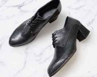 Vintage Style Blockabsatz Oxfords, Damen Pumps mit spitzen Zehen, formelle Lederschuhe, Schlangenhaut Lederschuhe, stilvolle Schnürschuhe Oxfords Schuhe