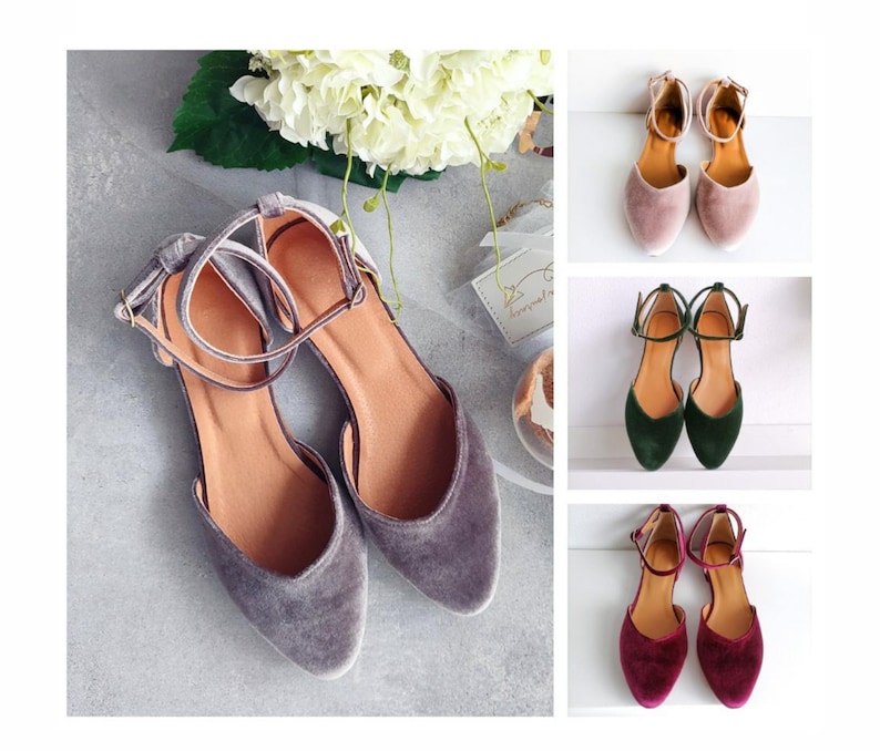 May include: Three pairs of velvet shoes with ankle straps in different colours: grey, green, and burgundy.