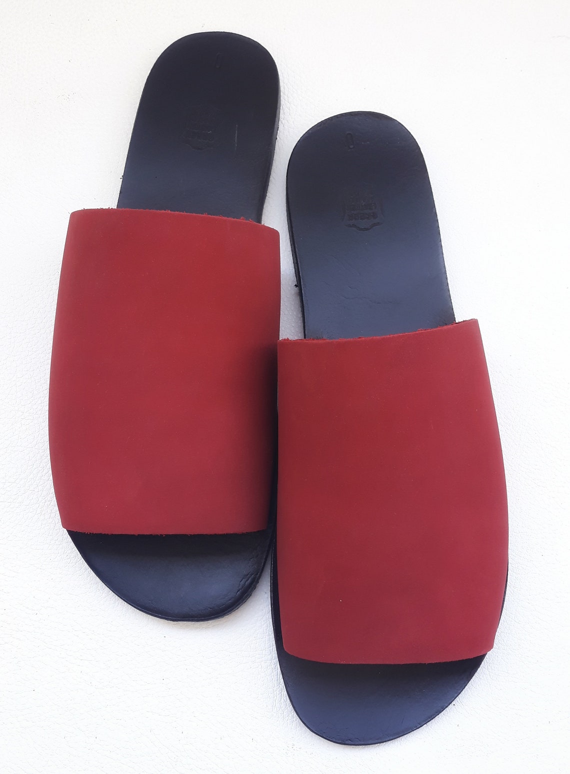 red flat slide sandals