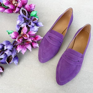 Women Purple Suede Loafers, Leather Slip-ons, Classic Pointed Toe Moccasins, Comfort Minimalistic Office Shoes, Designer Dress Loafers