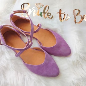 Bride To Be Ballet Shoes, Lilac Marriage Flats, Pointy Shoes, Little Heel Cross-Front Closure, Flower Girl Pumps, Violet Ceremony Shoes