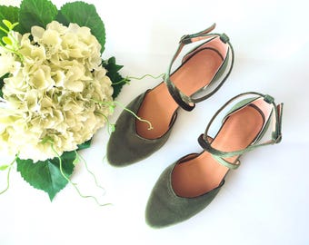 Sage Green Velvet Wedding Ballerinas, Green V-cut Front Cross Strap Ankle  Closure Flats, Versatile and Stylish, Perfect for Every Occasion