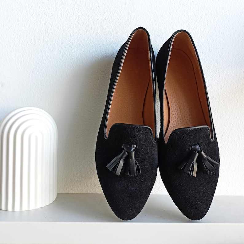 Women's Loafers, Black Suede Tassel Moccasins, Almond-toe Slip-ons, Casual Low Heeled Shoes, Stylish Everyday Woman, Formal Business Shoes Black