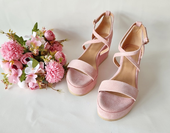 Wedding Wedges for Bride, Baby Pink Suede Leather Platforms, Dress Wedding  Comfortable Heels, Cross-front Ankle Closing, Beachy Bridal Look - Etsy