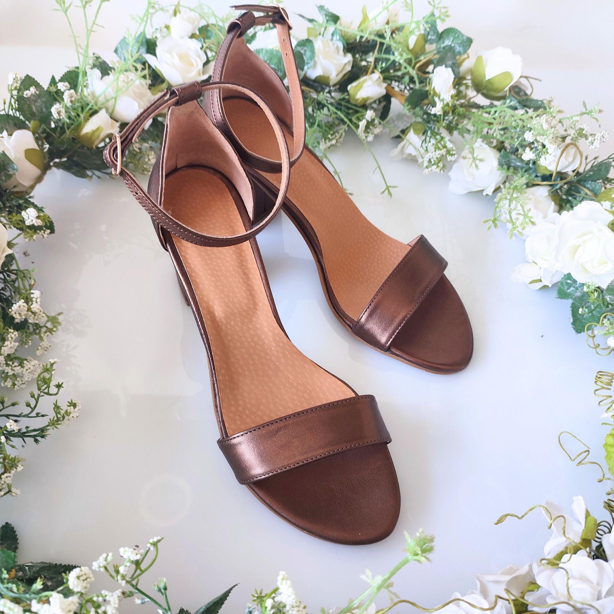 Bronze Heeled Sandals, Chic Ankle Strap Block Heels, Elegant Metallic Bronze Heeled Sandals, Chic Ankle Strap Block Heels, Elegant Metallic