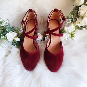 May include: A pair of burgundy velvet heeled shoes with ankle straps. The shoes have a pointed toe and a delicate criss-cross strap design.