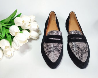 Black Suede Leather Loafers, Women's Low Heel Pointy Moccasins, Comfy Slip-ons, Gray Snakeskin Accents, Casual Leather Shoes, Business Look