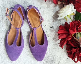 Timeless Pumps, Purple T-strap with Ankle Closure Leather Shoes, Stylish Closed-toe Flats, Women's Suede Ballerinas, Vintage Dress Shoes