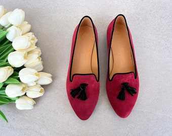 Burgundy Leather Tassel Loafers, Women Flat Moccassins, Suede Slip-on Dress Shoes, Smart Casual Walking Shoes, Pointed Toe Tassel Loafers