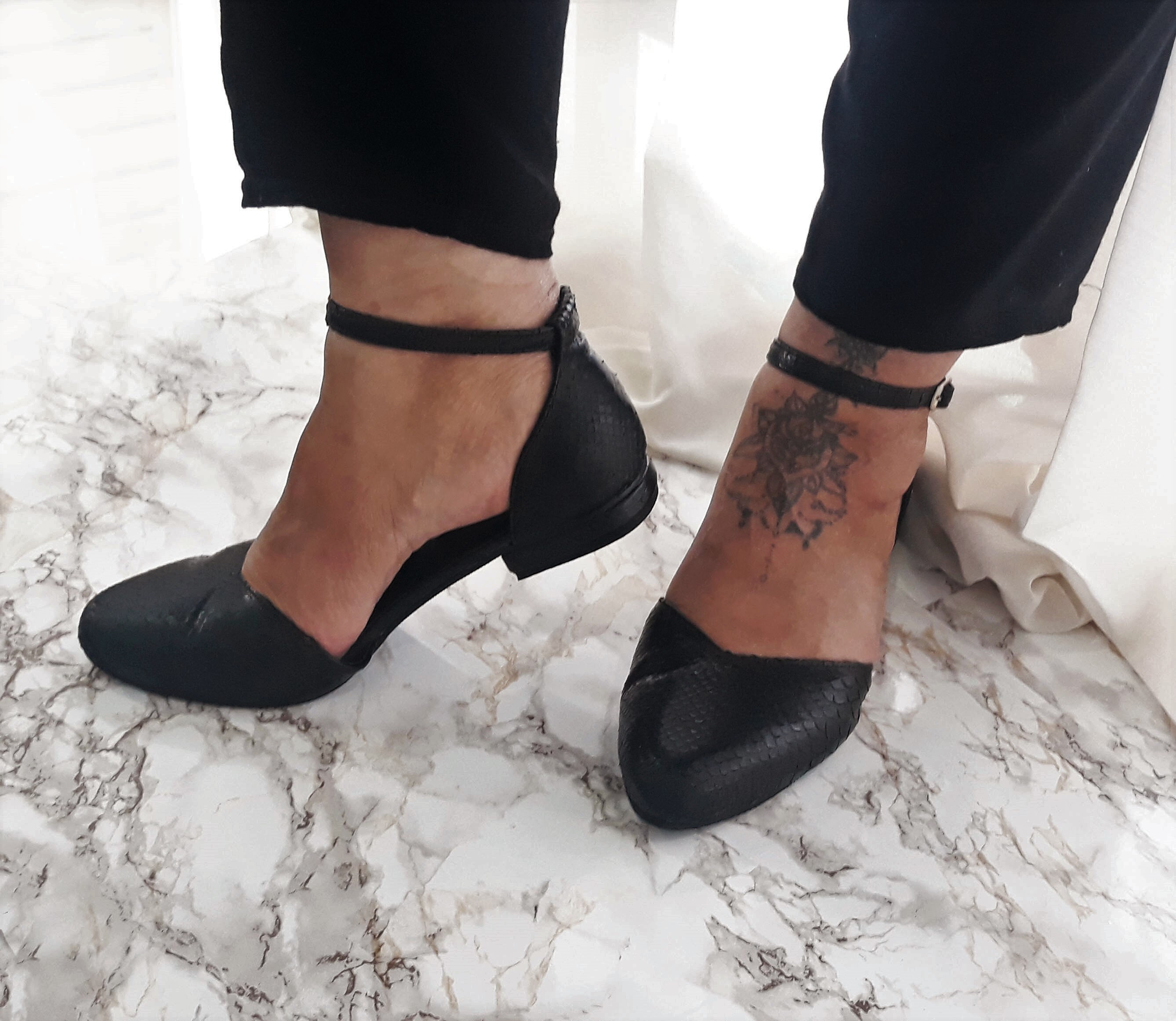 Ankle Strap Shoes Black Flat Leather Shoes Size 41 EU Etsy