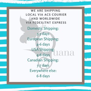 May include: A rectangular sign with a brown border and a white background. The sign has text that reads "WE ARE SHIPPING" and shipping times for domestic, European, USA, Canadian, and other locations. A teal and white striped background surrounds the sign.