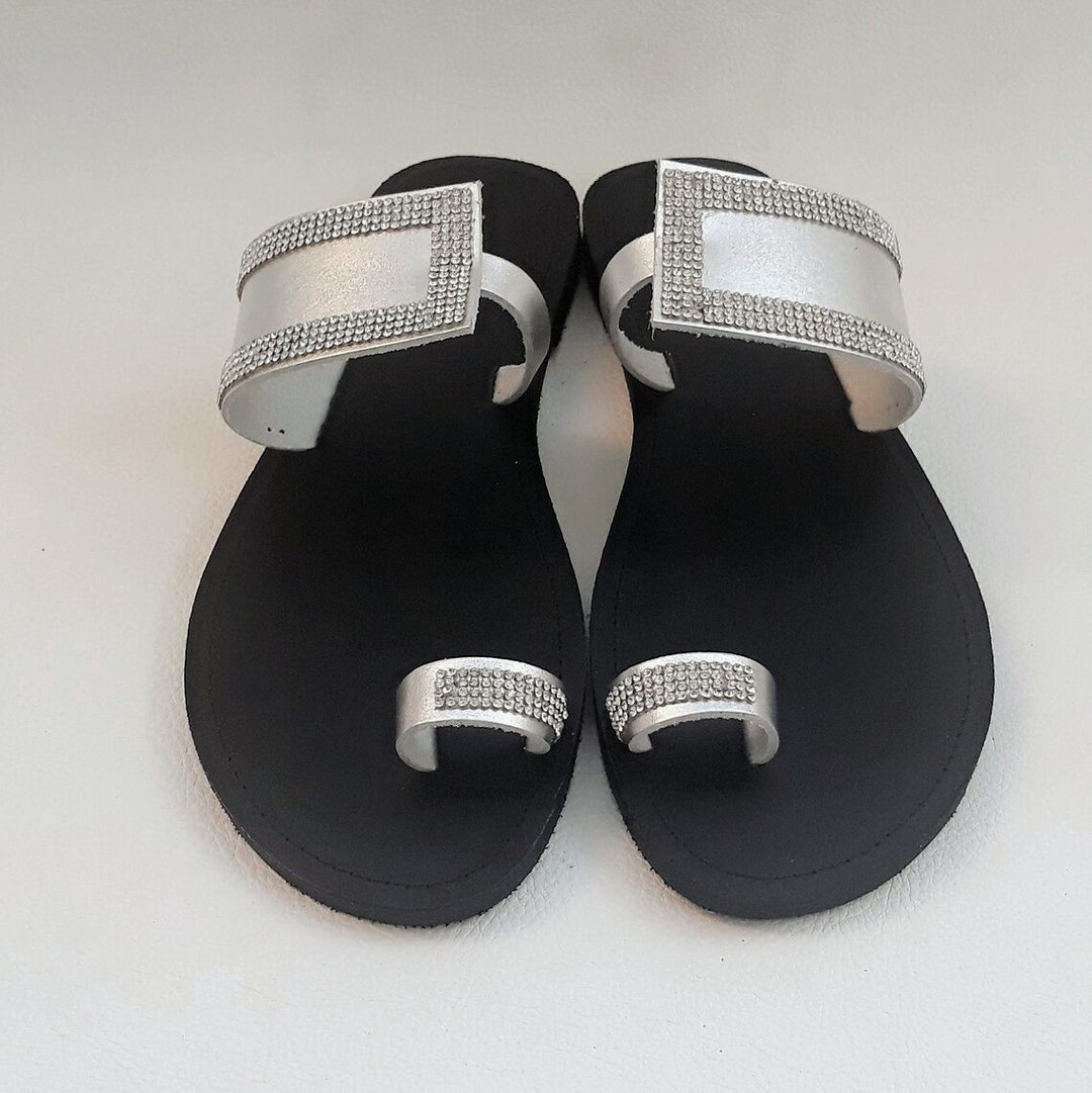 Bling Shoes, Silver and Black Leather Sandals, Toe Ring Sandals for ...