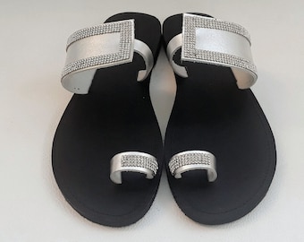 Bling Shoes, Silver And Black Leather Sandals, Toe Ring Sandals For Bride