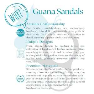 May include: Why Guana Sandals? Text explaining the artisan craftsmanship, unique designs, and premium materials used in their leather sandals. The text includes the words "Hand Made" and "Premium Quality".