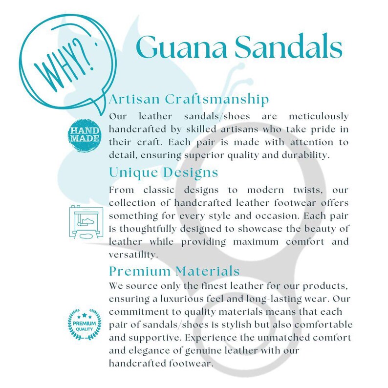 May include: Why Guana Sandals? Text explaining the artisan craftsmanship, unique designs, and premium materials used in their leather sandals. The text includes the words "Hand Made" and "Premium Quality".