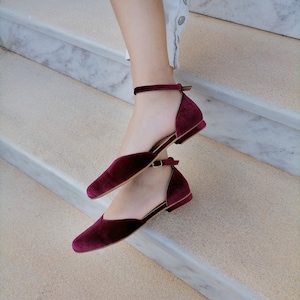 Velvet Red Wine Ballet Pumps, Red Shoes, Decollate Shoes, Flat Shoes With Ankle Closure, Women&#39;s Closed-toe Sandals, Burgundy Women Shoes
