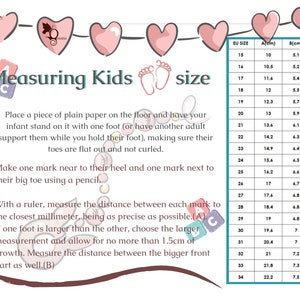 May include: A chart showing how to measure a child's foot size in centimeters and inches. The chart includes a column for EU size, foot length in centimeters (A), and foot width in centimeters (B).