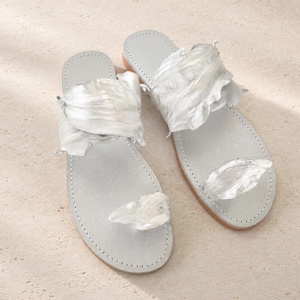 Silver Metallic Leather Sandal, Sculptural Leaf Toe Ring Slide, Hand-Painted Flat,  Artisan Greek Footwear, Handmade Women's Summer Shoes