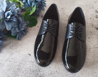 Leather Oxford  Shoes In Black Color, Handmade Women Shoes, Shiny Flat Shoes, Tie Shoes, Black Shoes, Greek Shoes, Elegant Women's Shoes