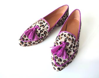 Leopard Calf Hair Slip on Flat Shoes for Women, Fuchsia Leather