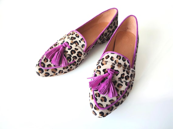 Leopard Calf Hair Slip on Flat Shoes for Women, Fuchsia
