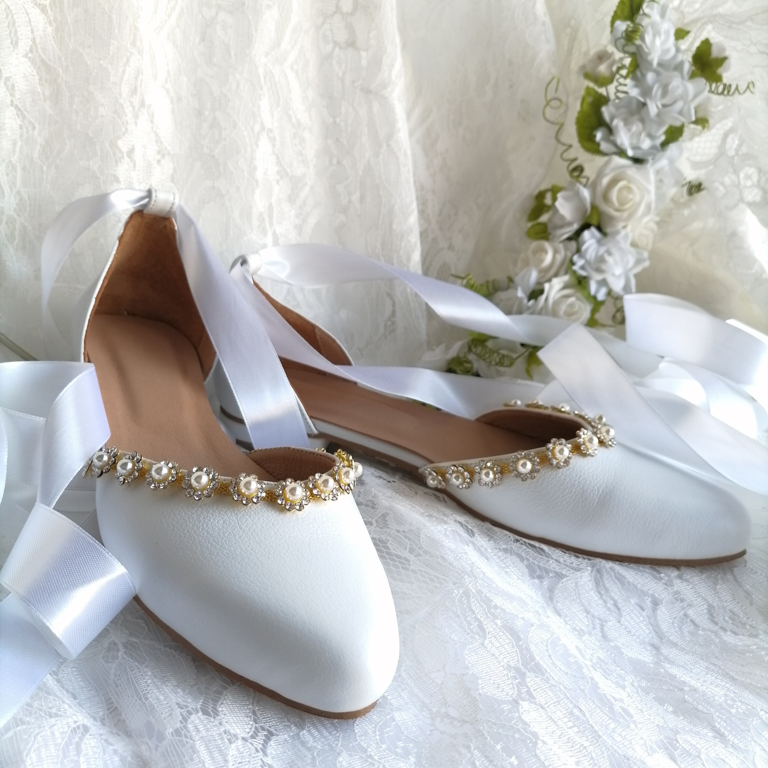 Jeweled Bridal Shoes Wedding Shoes Flat White Bridal Pumps | Etsy