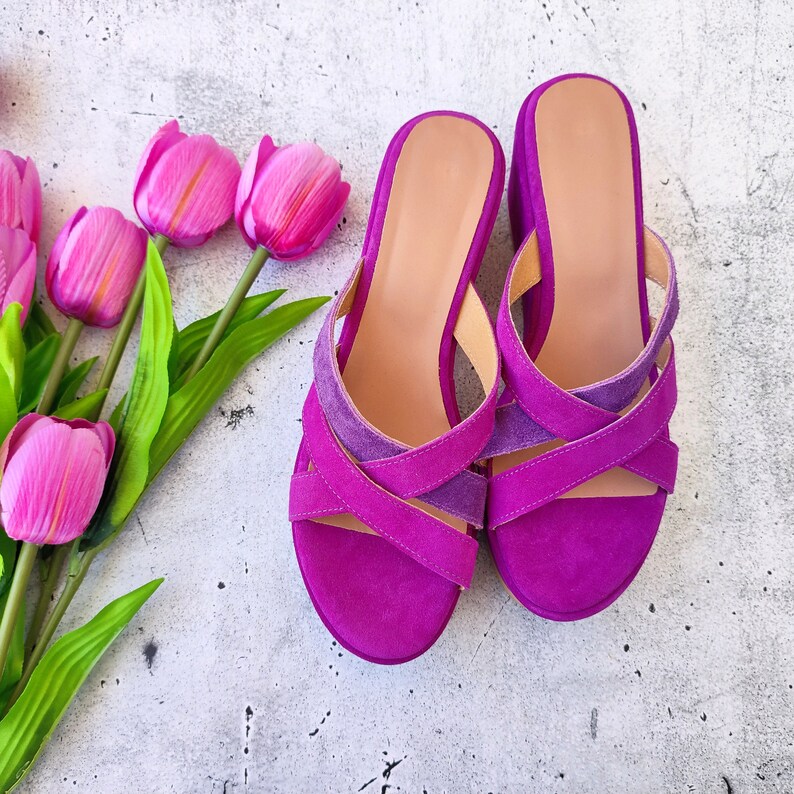 Women's Slip-On High Heel Wedges, Purple Leather Wedges, Suede Platform Sandals, Made in Greece, Cross-front Fashion Heels, Chunky Shoes image 4