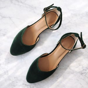 Green Velvet Women's Pointed Toe Shoes, Velvet Ballet Flats, Ankle Strap Closed Sandal, Dark Green V Cut Bridal Shoes, Velvet Low Heel Pumps image 2