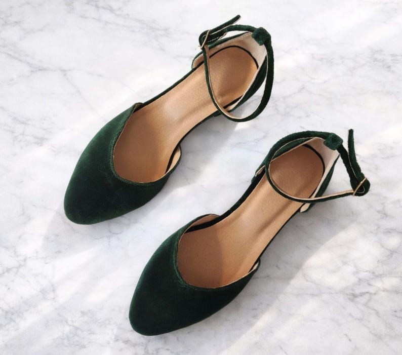 Green Velvet Women's Pointed Toe Shoes, Velvet Ballet Flats, Ankle Strap Closed Sandal, Dark Green V Cut Bridal Shoes, Velvet Low Heel Pumps image 2