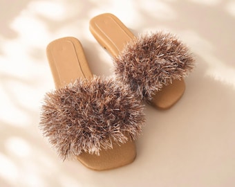 Brown Ivory Fringe Sandals, Tan Leather Flat Slides, Textured Square Toe Footwear, Handmade Boho Resort Shoes, Neutral Modern Summer Style