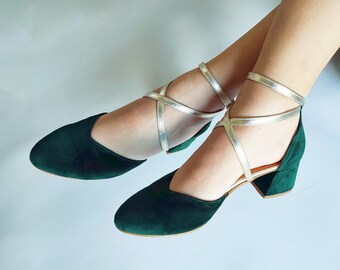 Flower Girl's Dream Shoes, Green Velvet Wedding Heels with Gold Straps, Mid Block Pumps, Golden Ankle Strap Bridal Heels, Ageless Elegance