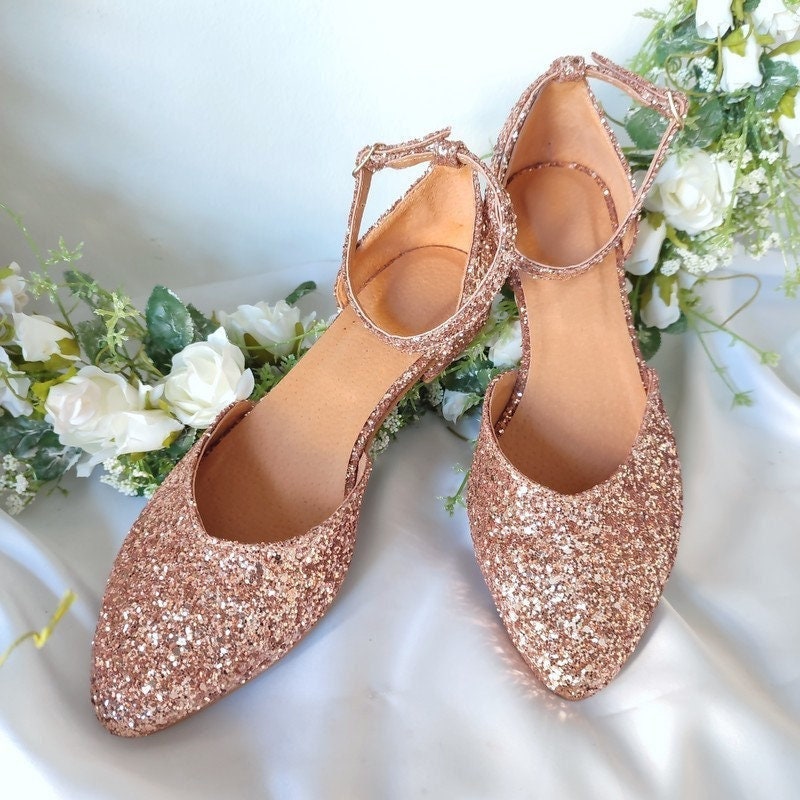 Derive Wait a minute cute Rose Gold Wedding Shoes Sparkly Pointy Toe Flats With Ankle - Etsy