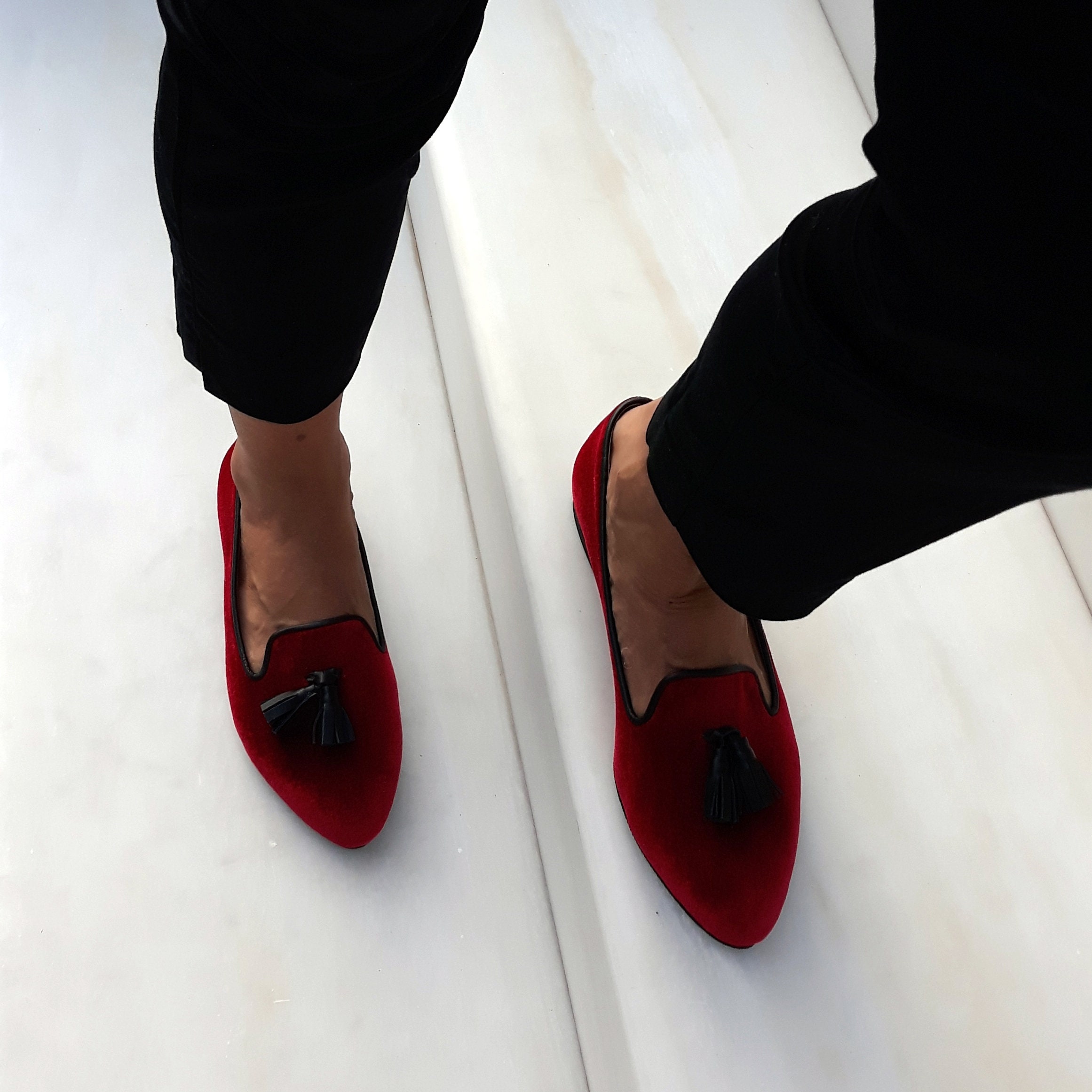 Velvet Shoes Slip on Casual Loafers Stylish Moccasins in Cherry Red Color Etsy Ireland
