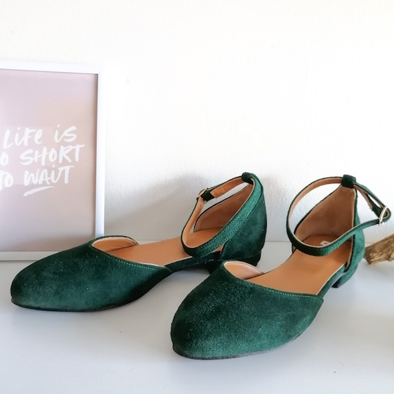 Groene suède platte schoenen enkelband ballerina's - Etsy België