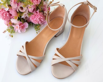 Short-Heeled Beige Leather Bridal Shoes, 3cm Block Heel Sandals for Weddings, Ankle Strap Closure, Strappy Front Creamy Bridal Sandals