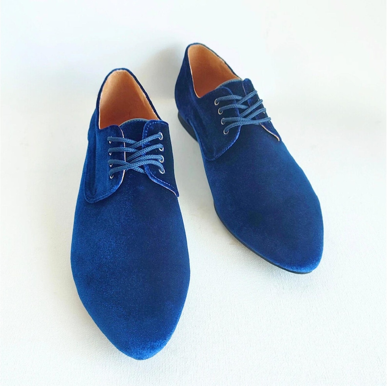 May include: A pair of blue velvet lace-up shoes with pointed toes.