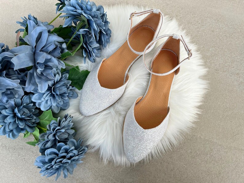 White Glitter Wedding Shoes, Sparkly Pointy Toe Flats With Ankle Strap ...