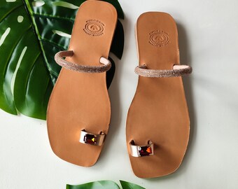 Rose Gold Leather Sandals, Strappy Toe Ring Sandals, Light Peach Zircon Strass Top, Square Toe Sandals, Bling Flats, Outstanding Design