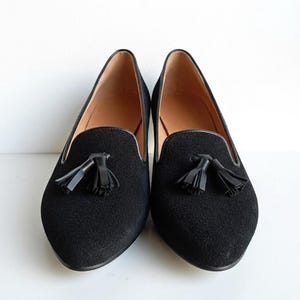 Women's Loafers, Black Suede Tassel Moccasins, Almond-toe Slip-ons, Casual Low Heeled Shoes, Stylish Everyday Woman, Formal Business Shoes image 1