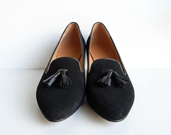 Women's Loafers, Black Suede Tassel Moccasins, Almond-toe Slip-ons, Casual Low Heeled Shoes, Stylish Everyday Woman, Formal Business Shoes