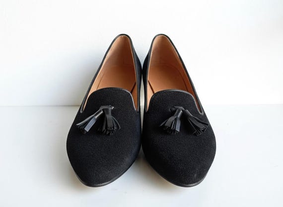 Women's Loafers, Black Suede Tassel Moccasins, Almond-toe Slip-ons, Casual Low Heeled Shoes, Stylish Everyday Woman, Formal Business Shoes
