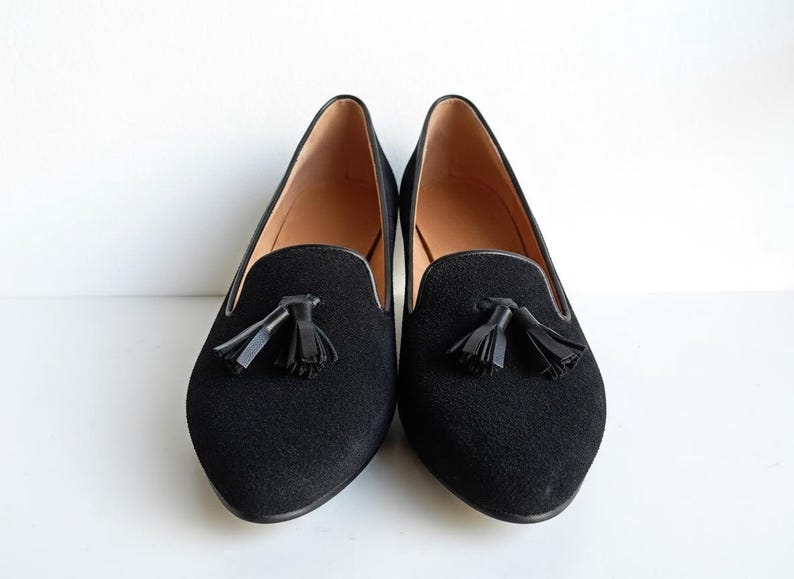 Women's Loafers, Black Suede Tassel Moccasins, Almond-toe Slip-ons, Casual Low Heeled Shoes, Stylish Everyday Woman, Formal Business Shoes image 1